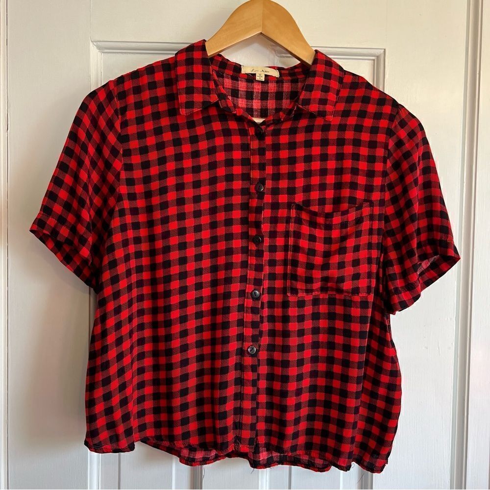 Love Notes Red and Black Buffalo Plaid Button Front Crop Top